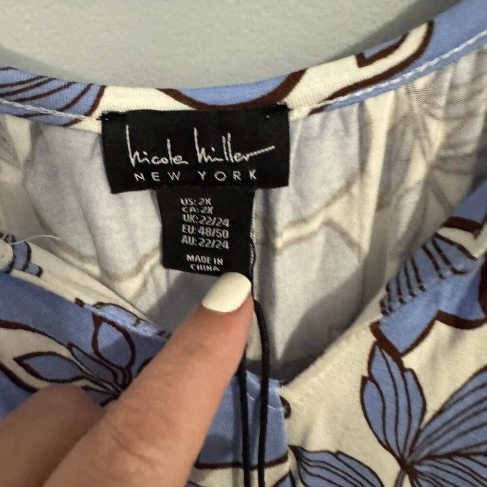 NWT Nicole Miller White Blue Floral Short Sleeve Midi Dress Women's Plus Size 2X - Picture 10 of 11